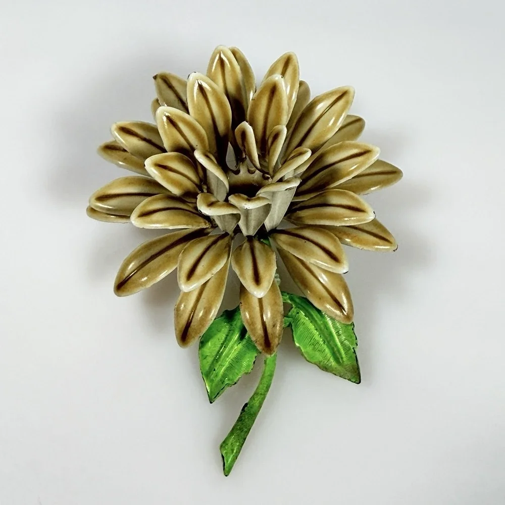 Vintage Enamel Flower Brooch 1960s MOD Earth Tones 3 inches